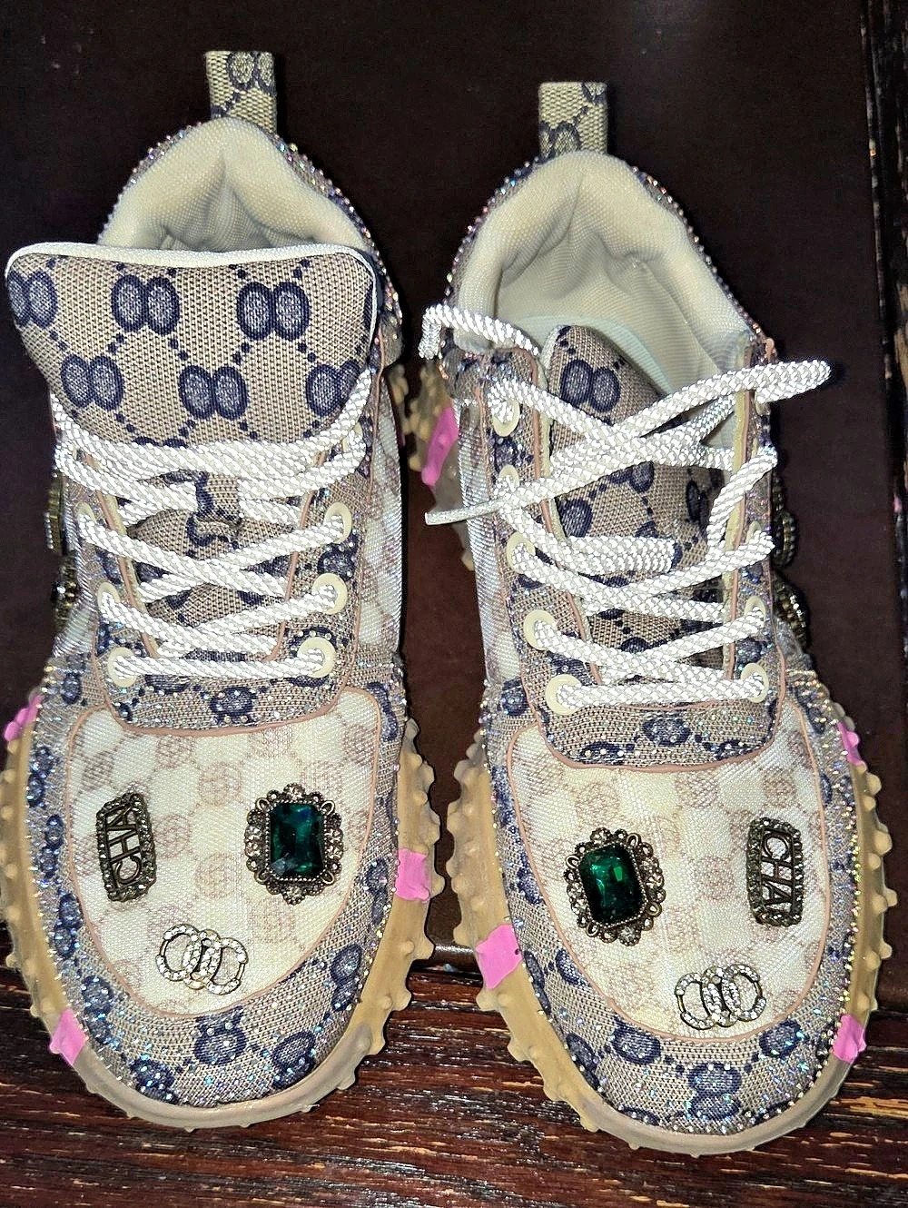 Gucci Embellished Sneakers in Beige & Blue US 11